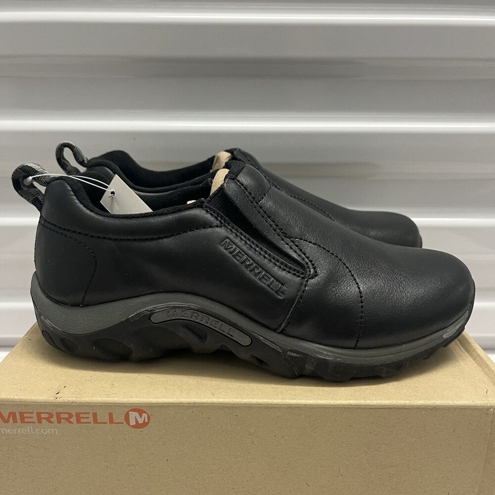 Merrell Kids Jungle Moc Black Slip On Leather Hiking Shoes SZ 5 Youth Boy